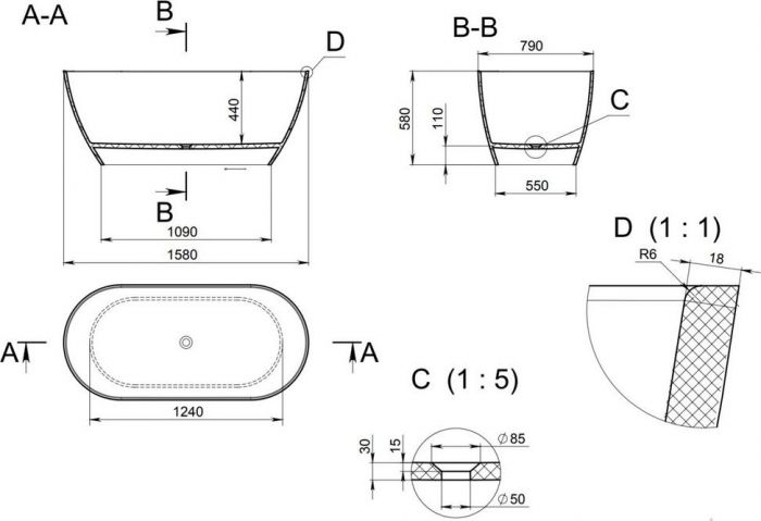 Ванна из искусственного камня Holbi Venus NEW 158x79 SCW 1.01.002.11.1, белый матовый
