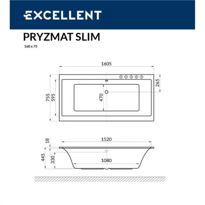 Акриловая ванна Excellent Pryzmat Slim 160х75 WAEX.PRY16S.NANO.GL золото, белый