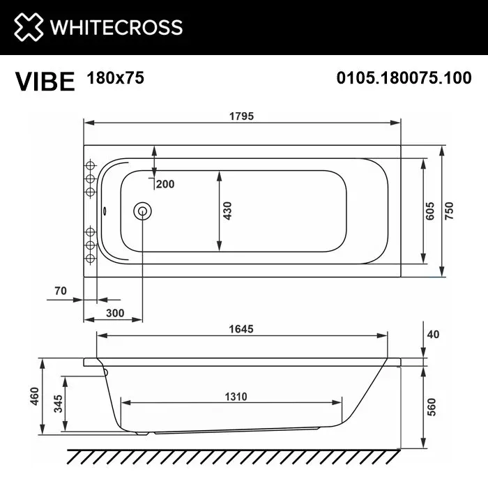 Акриловая ванна Whitecross Vibe 180х75 0105.180075.100.SMARTNANO.GL золото, белый