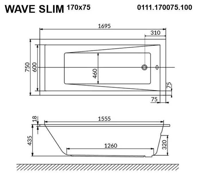 Акриловая ванна Whitecross Wave Slim 170х75 0111.170075.100.SMARTNANO.CR хром, белый