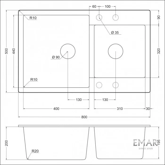 Кухонная мойка Emar Quartz EMQ-2800.Q Барит серый