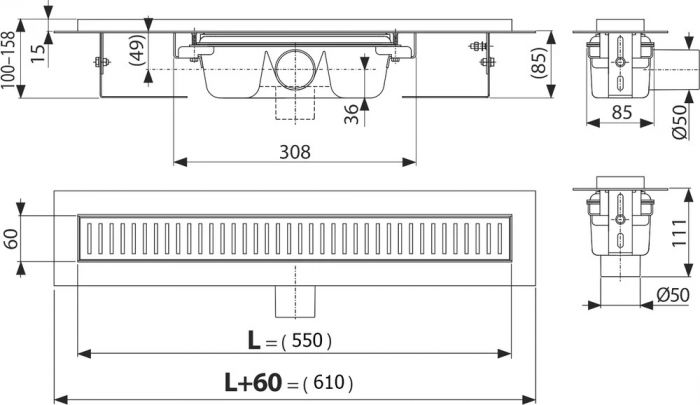Душевой лоток с опорами и решеткой Alcaplast APZ1 SMART-LINE-550