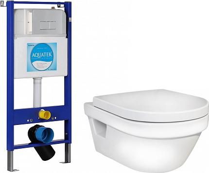 Комплект система инсталляции для унитазов Aquatek Slim 10.705.51C.021.81 3 в 1 с кнопкой смыва (хром) + Подвесной унитаз Gustavsberg Hygienic Flush WWC 5G84HR01 безободковый