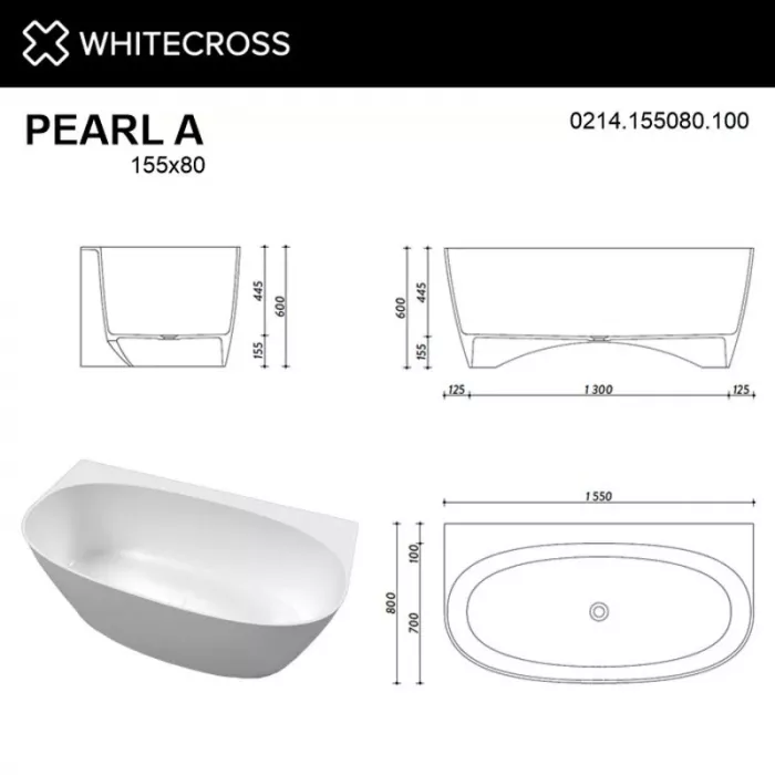 Ванна из искуственного камня Whitecross Pearl 155х80 0214.155080.100 белый