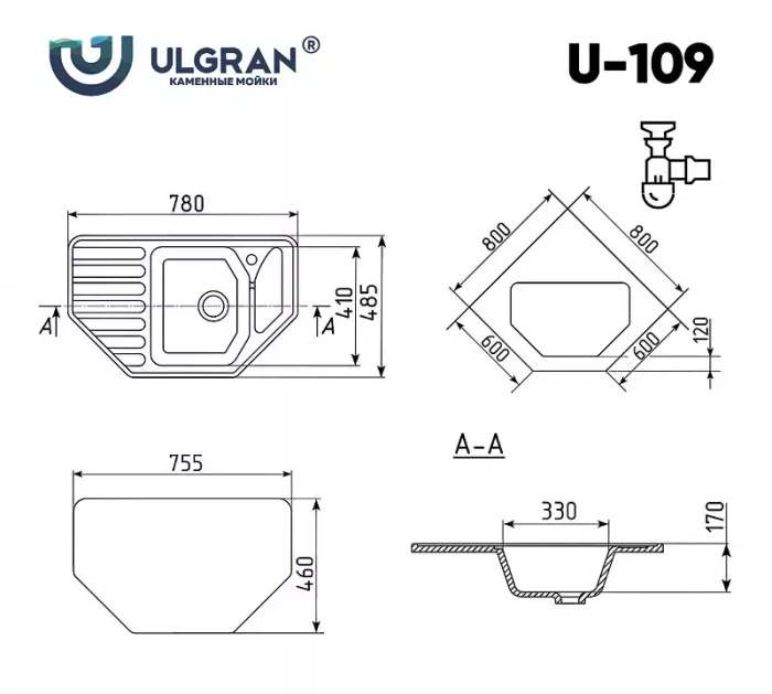 Кухонная мойка Ulgran U-109 U-109-342 серый