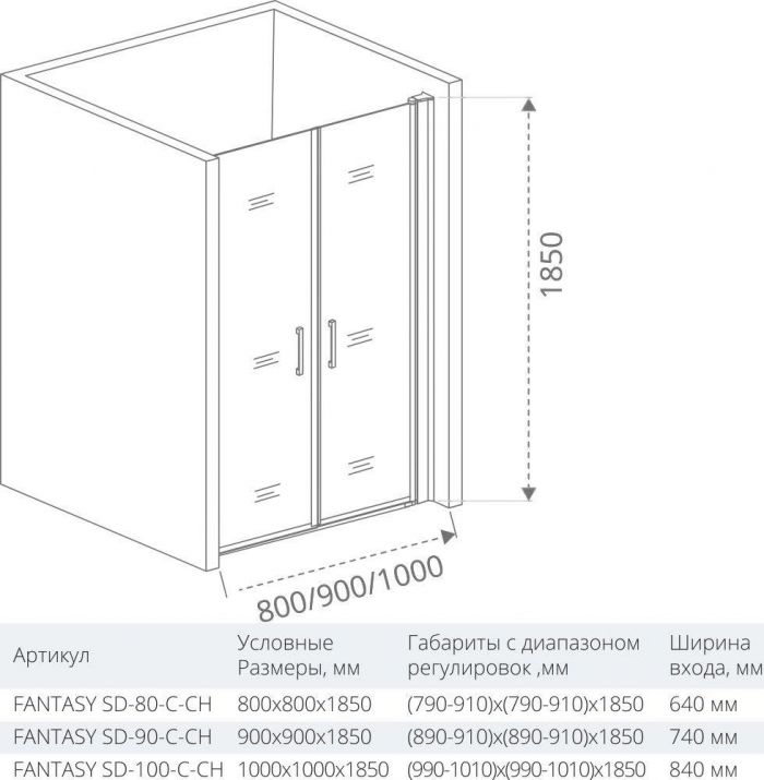 Душевая дверь в нишу 90 см Good Door Fantasy SD-90-C-CH ФА00020 стекло прозрачное