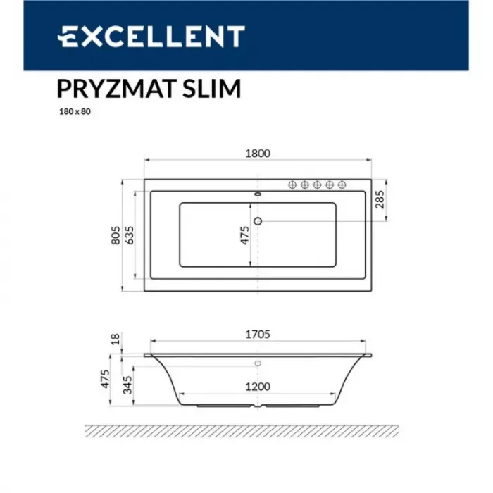 Акриловая ванна Excellent Pryzmat Slim 180х80 WAEX.PRY18S.NANO.GL золото, белый
