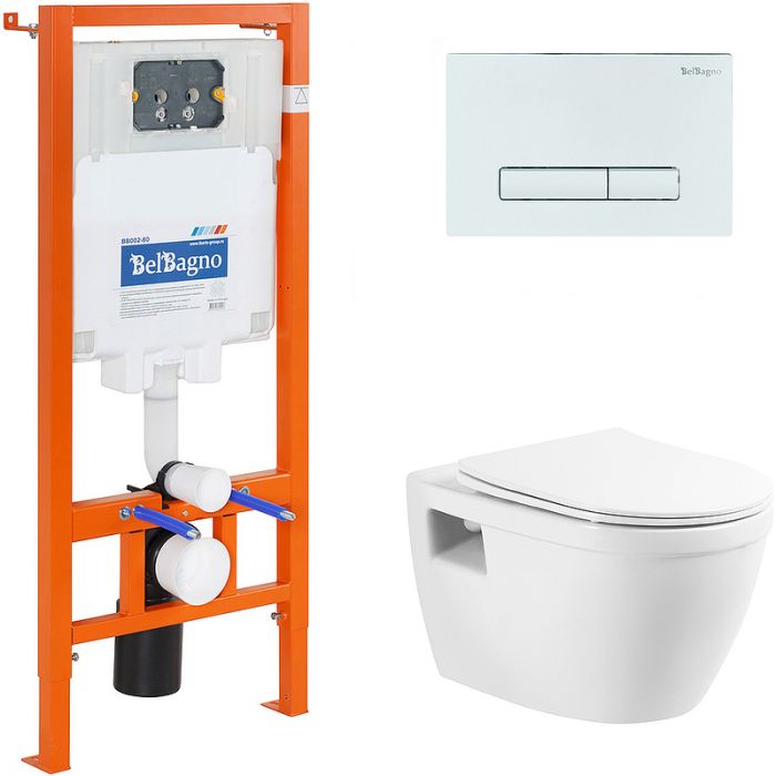 Комплект унитаза с инсталляцией BelBagno Loto BB070CHR/SC/BB002-80/BB018-GV-BIANCO с сиденьем микролифт и белой клавишей смыва
