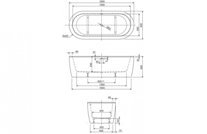 Акриловая ванна Cezares SLIM CENTRAL-180-80-44-W37 180x80 см, белый