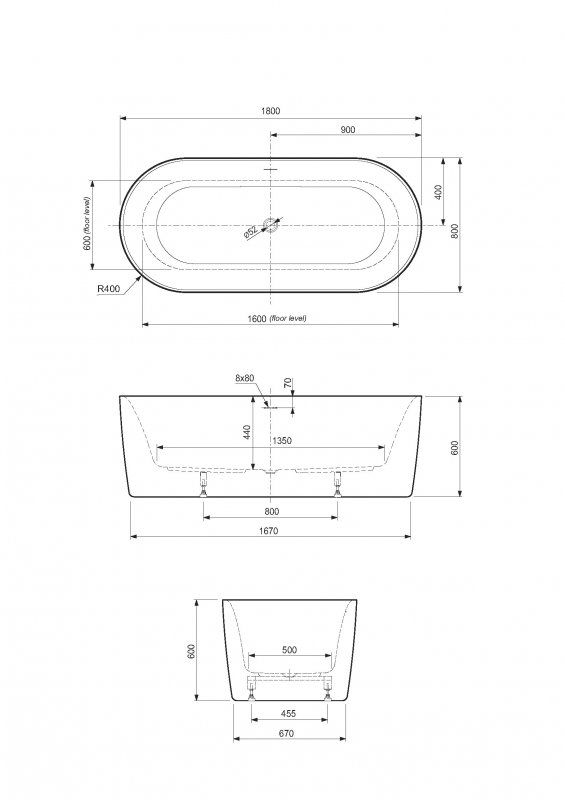 Акриловая ванна Cezares METAURO-INT-Central-180-80-60-W-MATT 180x80 см, белый