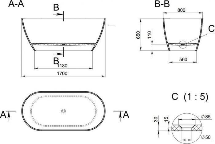 Ванна из искусственного камня Holbi Venus 170x80 SCW 1.01.001.11.1, белый матовый