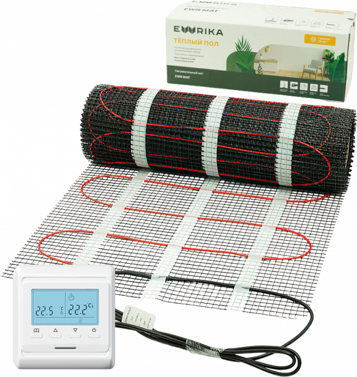 Комплект теплого пола Ewrika MAT EWR 150-8 с терморегулятором ТЕП51Б белым, электронным