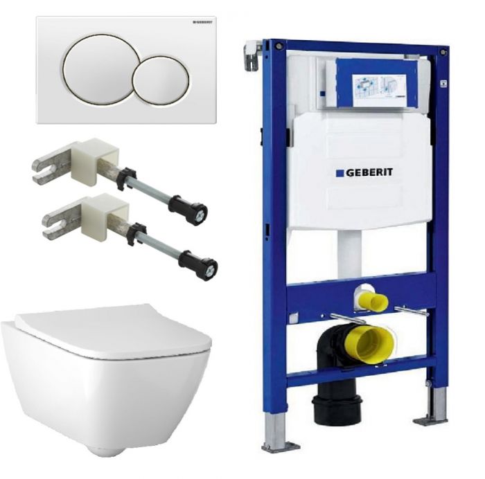 Комплект Geberit GEB30011500683 подвесной унитаз Geberit Smyle Square с микролифтом, безободковый + инсталляция Geberit Duofix + кнопка смыва Geberit Sigma 01 белая + комплект креплений к стене для инсталляций Geberit Duofix
