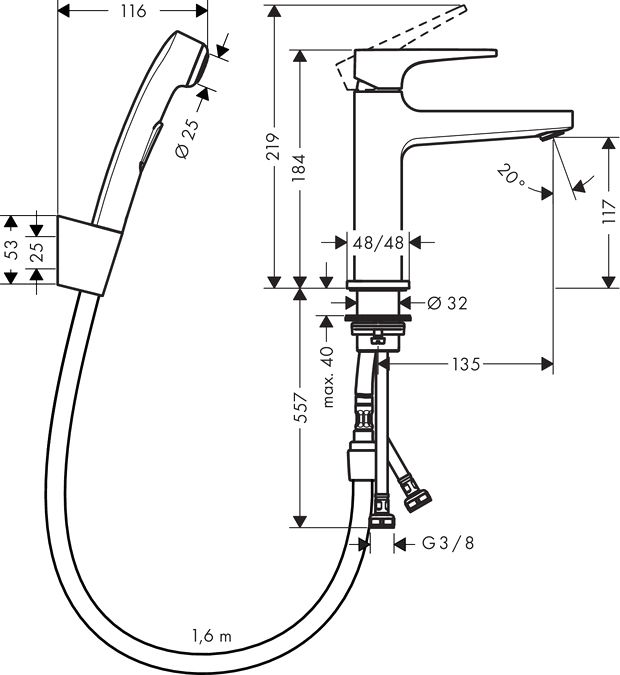 Смеситель для раковины Hansgrohe Metropol 32522000 с гигиеническим душем с донным клапаном Push-Open, хром