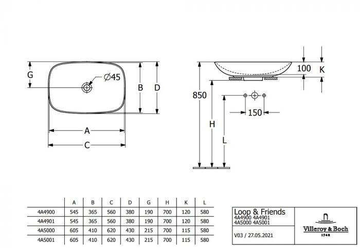Раковина накладная Villeroy&Boch Loop & Friends 4A4901i4 серый