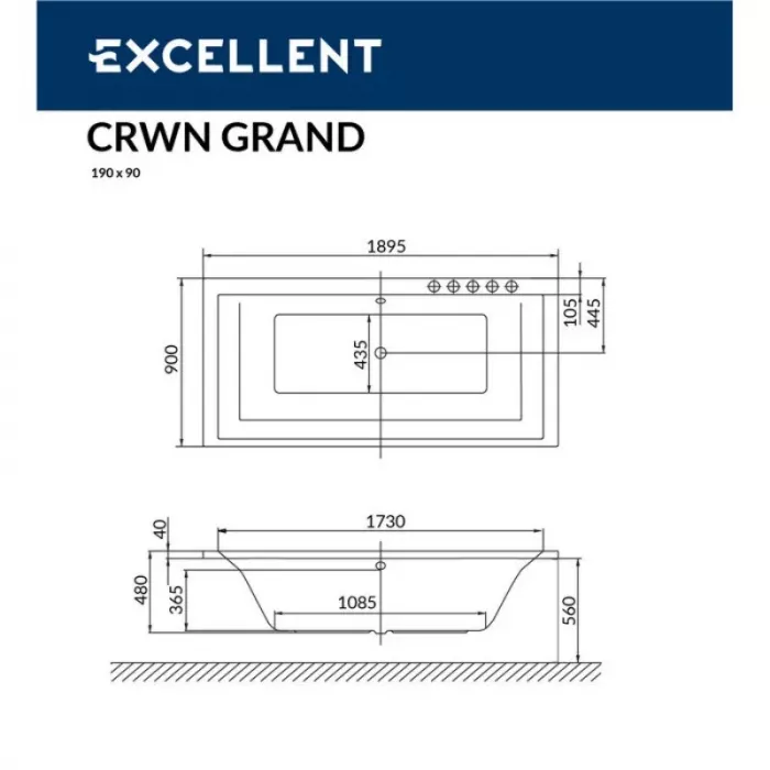 Акриловая ванна Excellent Crown Grand 190х90 WAEX.CRG19.NANO.GL золото, белый