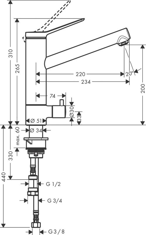 Смеситель для кухни Hansgrohe Zesis M33 1jet с запорным вентилем 74808000, хром