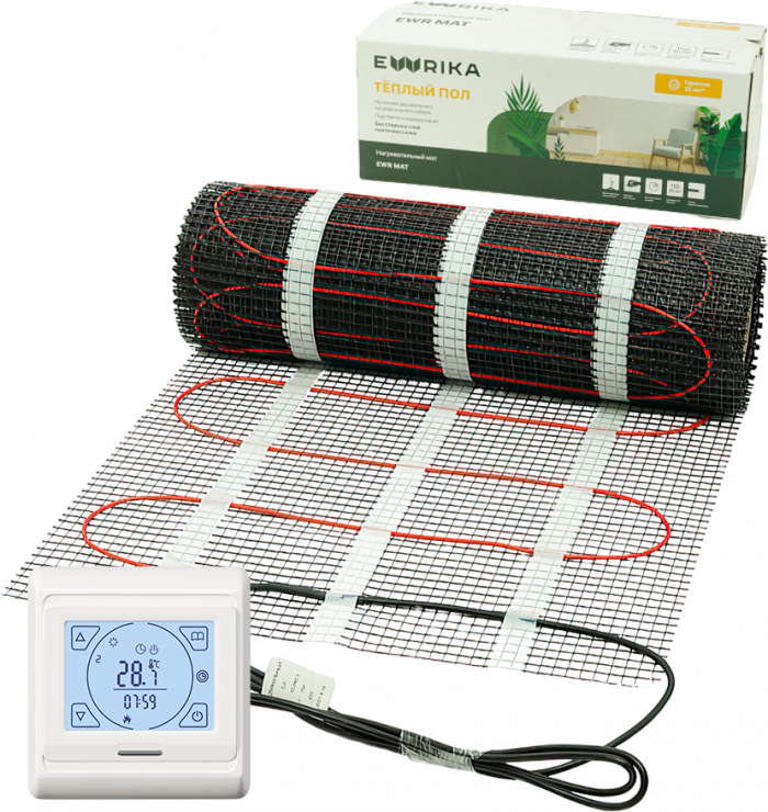 Комплект теплого пола Ewrika MAT EWR 150-0,5 с терморегулятором ТЕП91Б белым, сенсорным