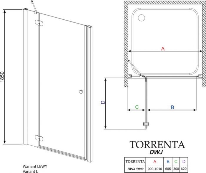 Душевая дверь в нишу Radaway Torrenta DWJ 100 прозрачное стекло L