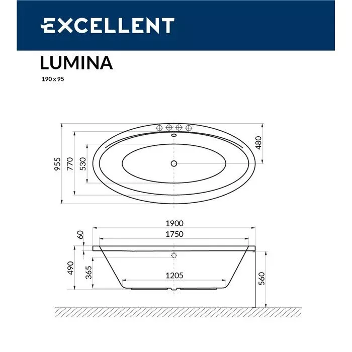 Акриловая ванна Excellent Lumina 190х95 WAEX.LUM19.RELAX.CR хром, белый