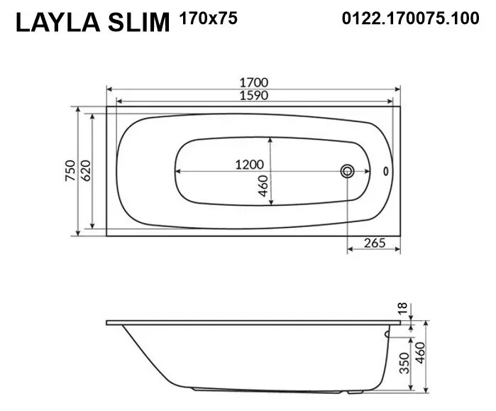 Акриловая ванна Whitecross Layla Slim 170х75 0122.170075.100.LINENANO.CR хром, белый